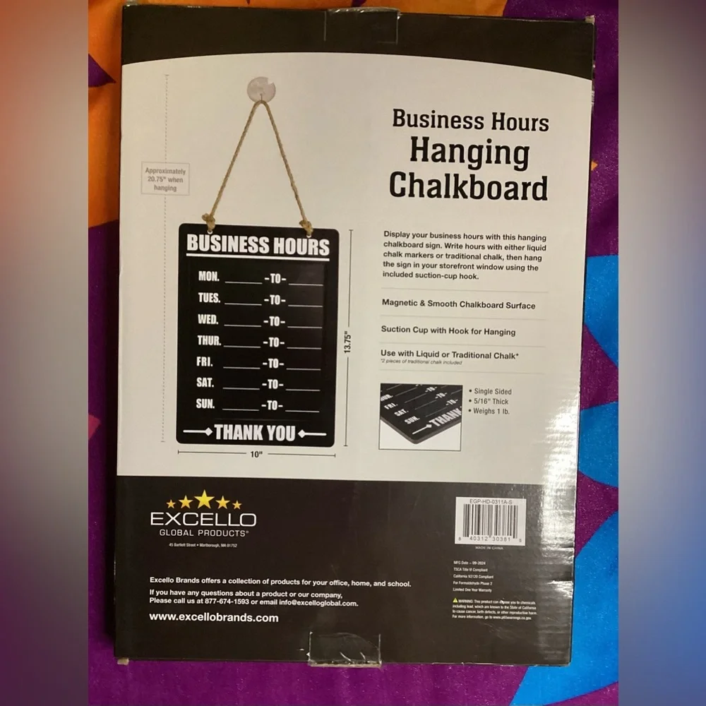 Cello Business Hours Hanging Chalkboard - Black